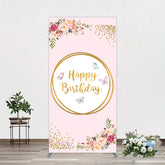 Lofaris Pink Floral Butterfly Happy Birthday Rectangle Backdrop